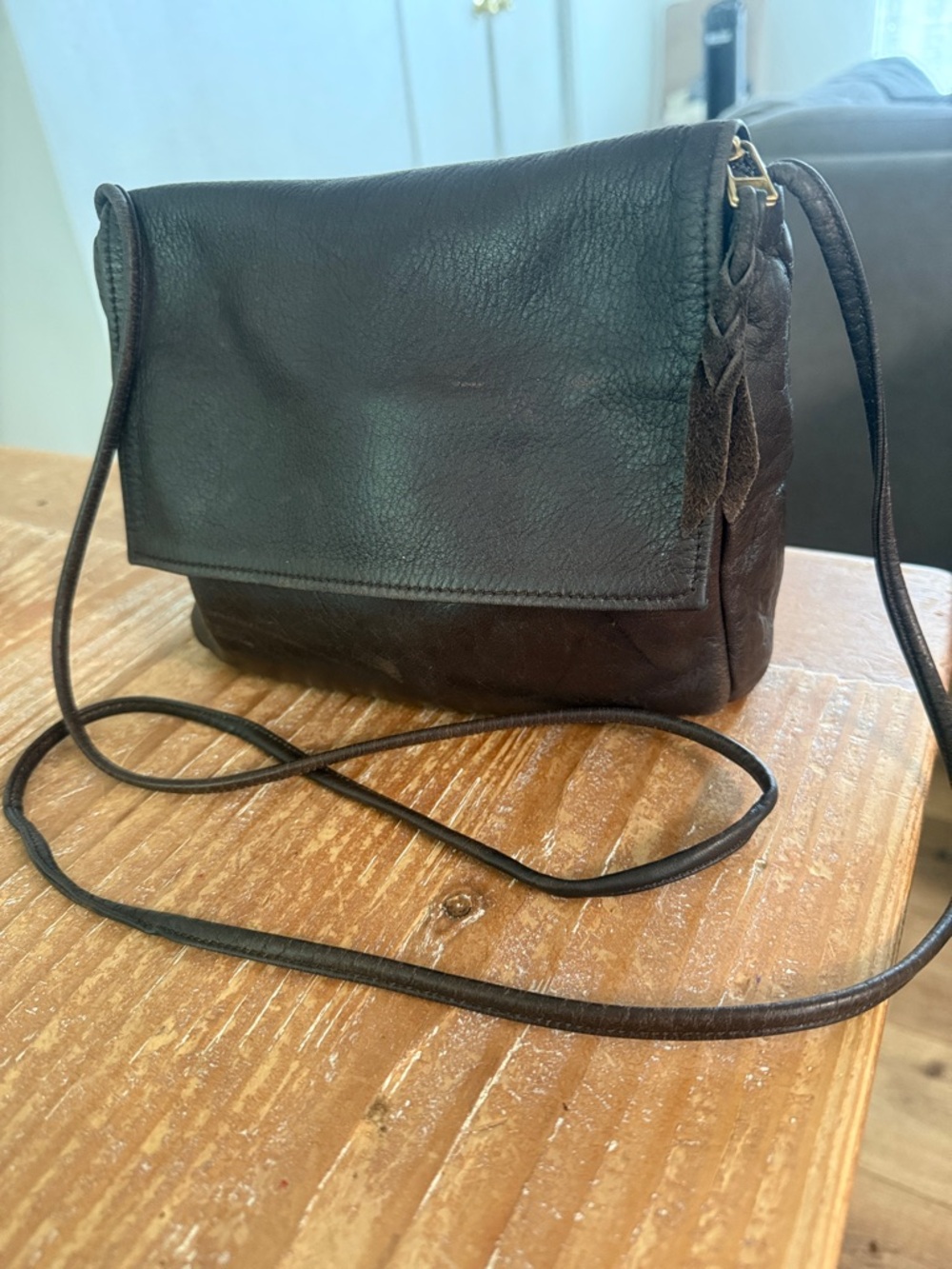 Vintage Dark Brown Leather Flap crossbody 8x8x3 strap 24”
